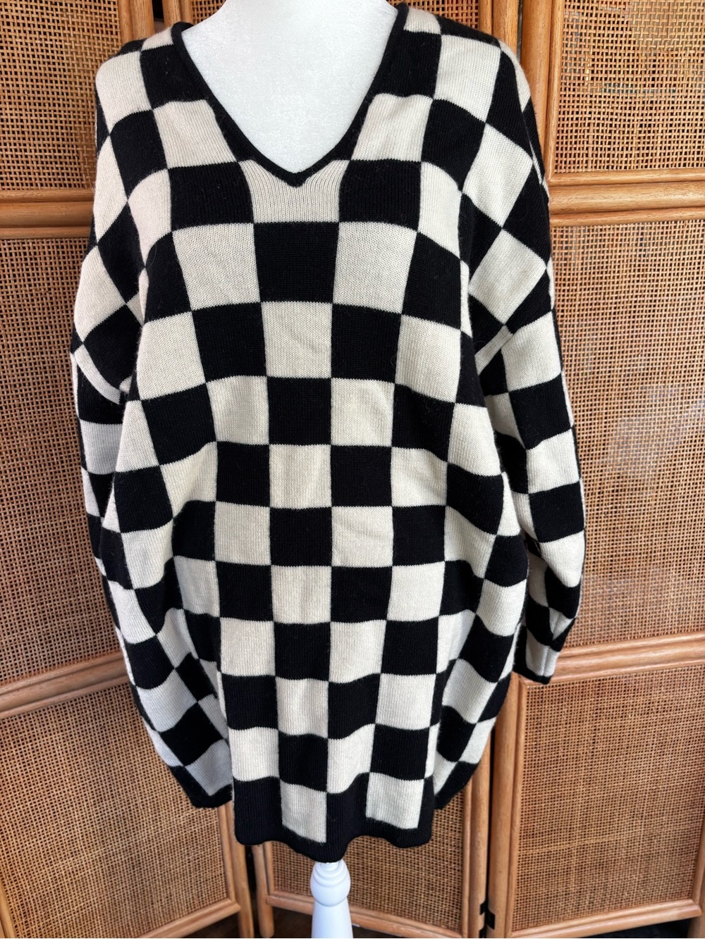 Classiques Entier Black and Cream Checkerboard V-Neck Sweater